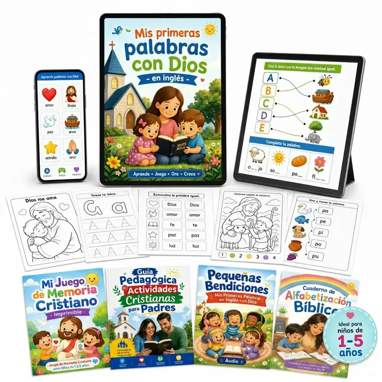 Conjunto de libros cristianos bilingües, tablets y hojas de actividades imprimibles para niños